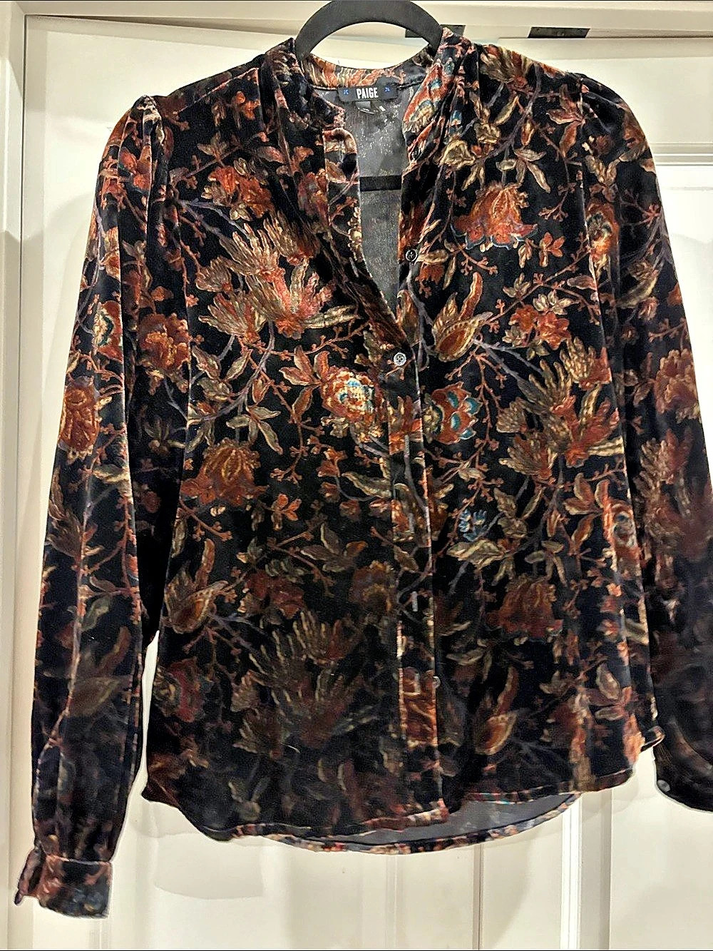 Paige Ginerva Burnout Velvet Blouse in Black & Brown XS